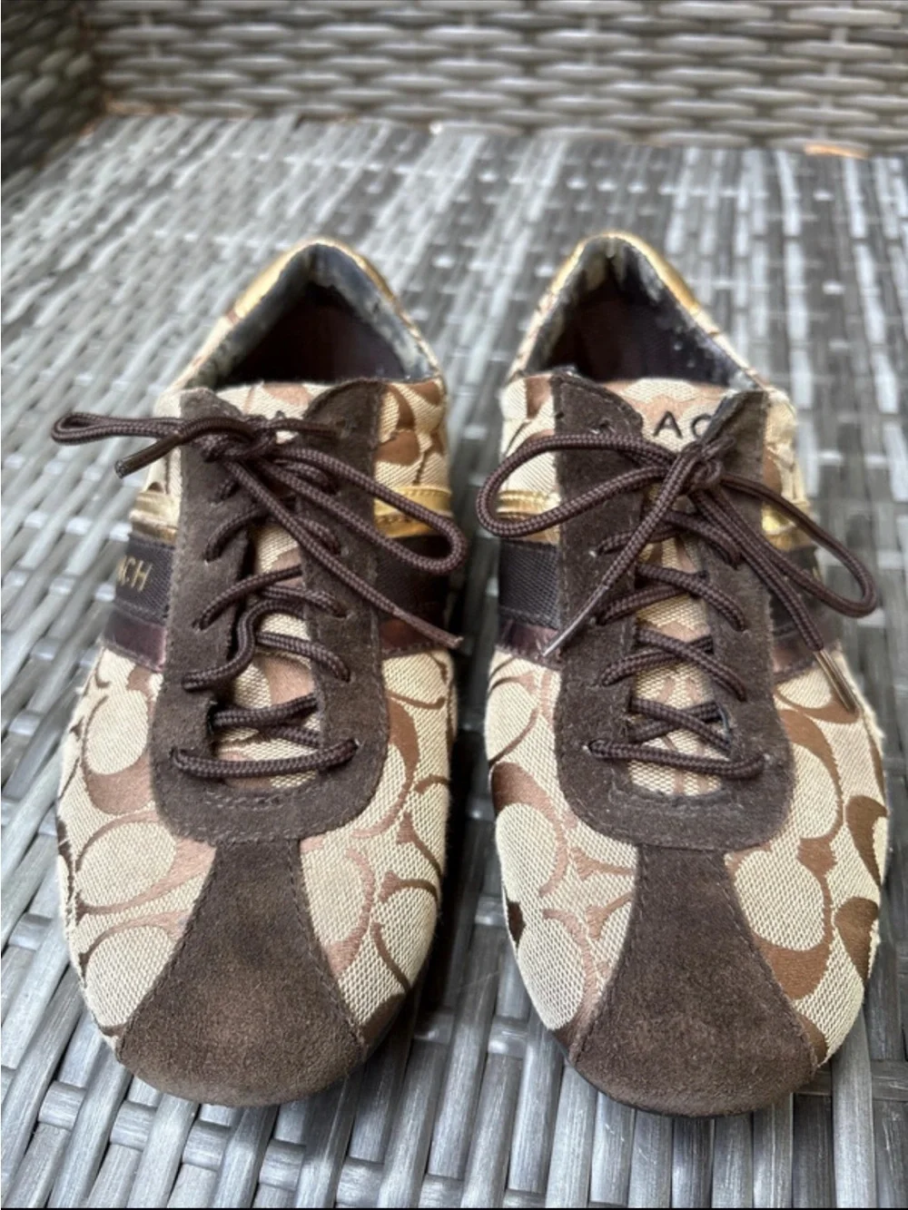 Coach Brown Signature Canvas Sneakers with Gold & Bronze Stripes - Women